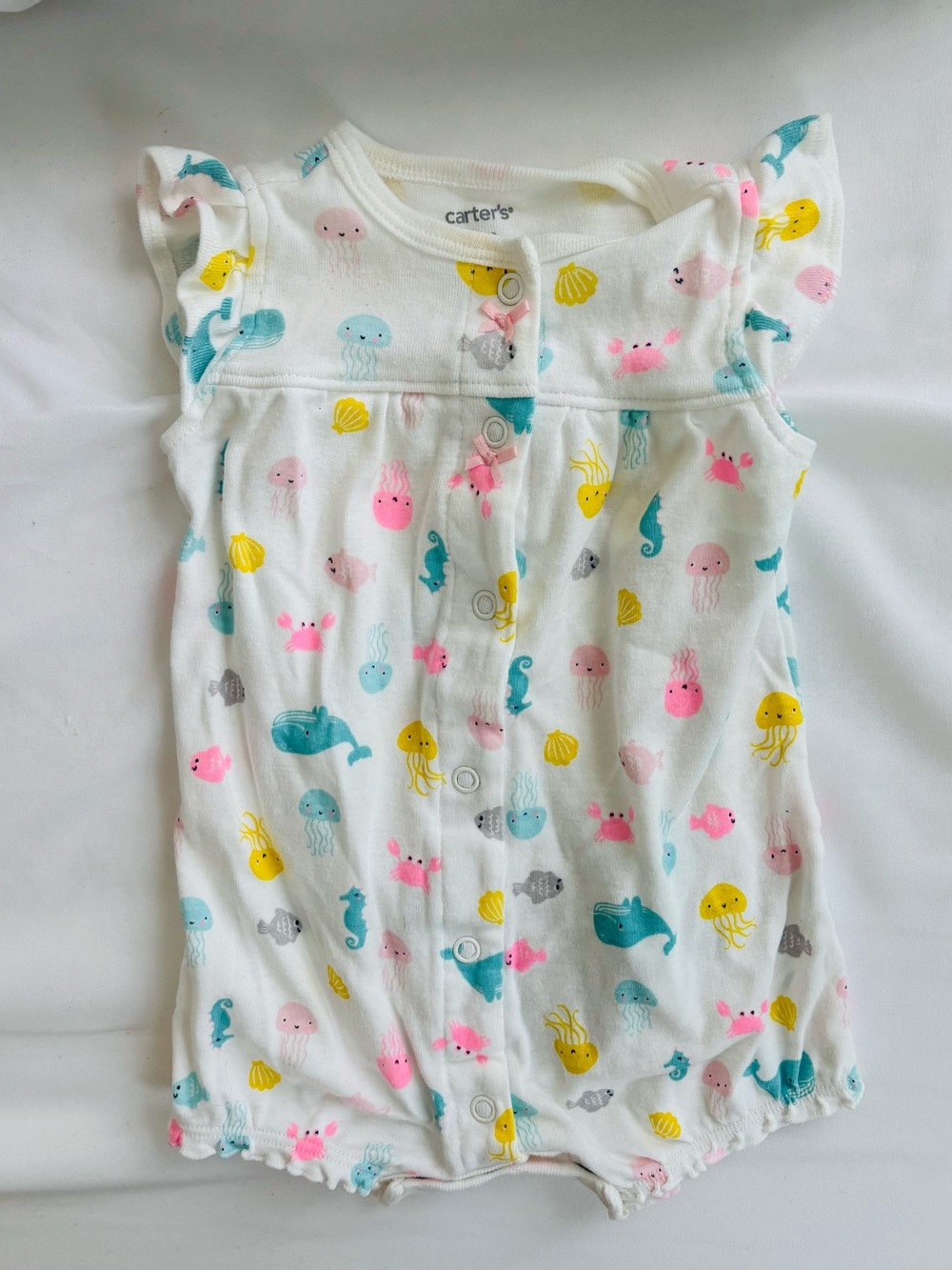 Carter's White Ocean Print Baby Pajama Romper - Pink, Yellow, Teal, Gray